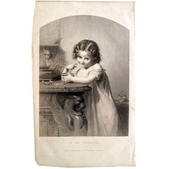 1859 Victorian Girl Eats Jelly Gothic Mantle Steel Engraving Art DWY5D - Picture 2 of 2